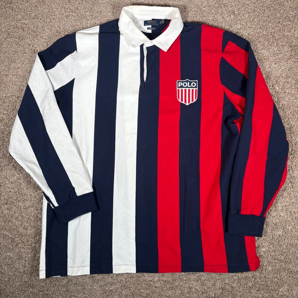 Polo Ralph Lauren Mens XXL Striped Rugby Shirt Red White Blue Shield Patch